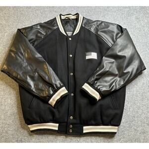 Steve & Barry’s Bomber Black Wool & Leather Jacket Embroidered Eagle USA Flag L